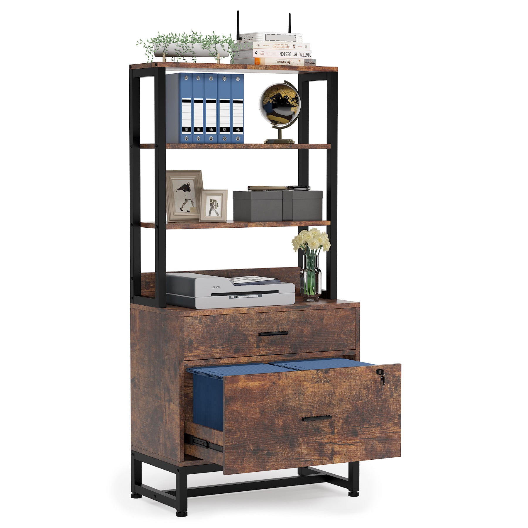 Vertical File Cabinet with 2 Drawers & Bookshelf